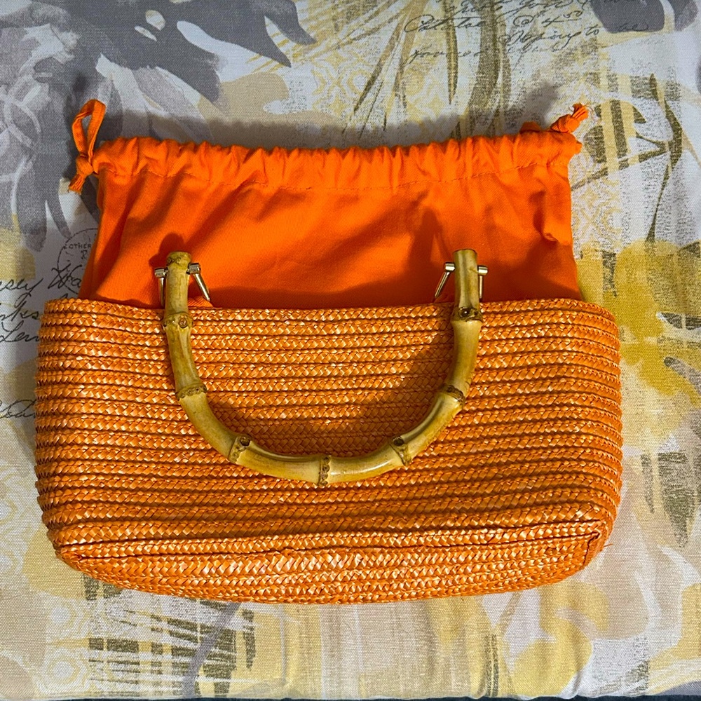 Cappelli Straw Purse, Orange with Bamboo Handles, Drawstring Closure, Stylish